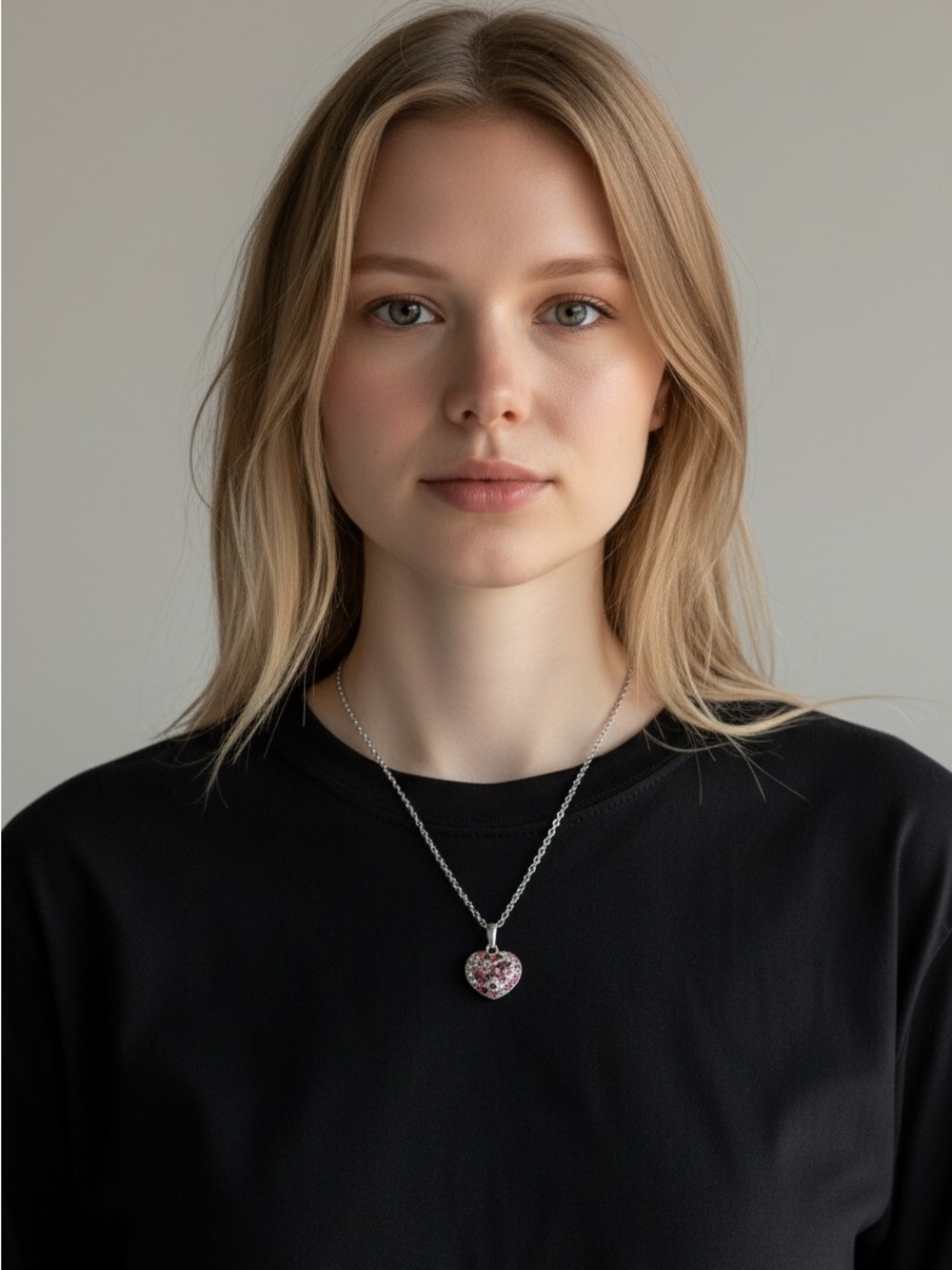 10/23 Silver Heart Pendant Necklace with Pink Gem Accents